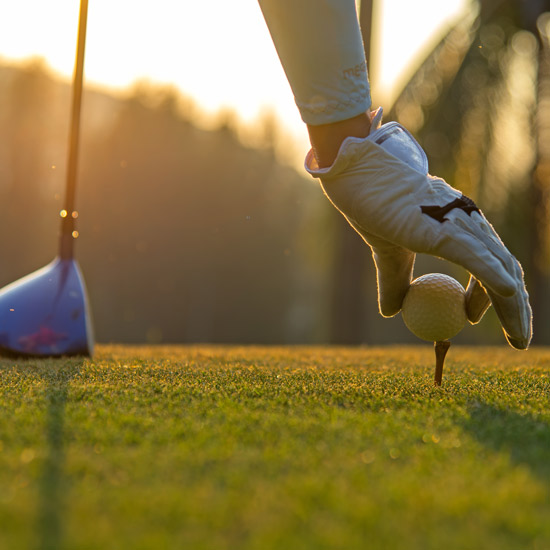 Member Golf Outing and Annual Meeting; A person wearing a golf glove places a golf ball on a tee with a driver nearby, at sunrise on a golf course, creating a serene and focused mood.